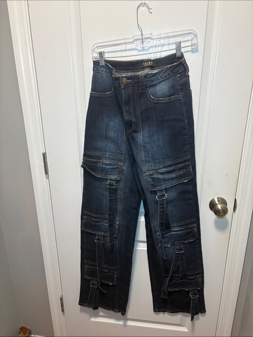 AKIRA Dark Blue Wide-Leg Cargo Strap Jeans